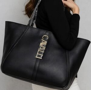 Cavalli Class Black Leather Tote with Gold Accent